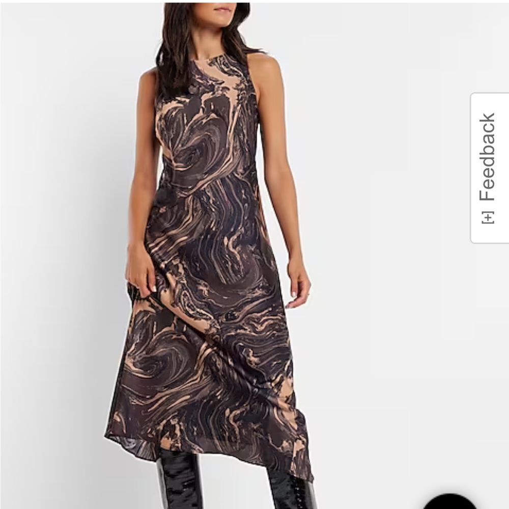 Marble Satin High Neck Slip Midi Dress